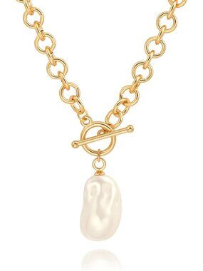 18k Gold Plated Chain Link Necklace for Women, Baroque Pearl/Compass Pendant Nec